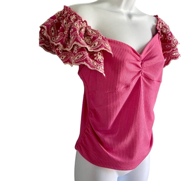 Bunulu Pink Ribbed Textured Top with Detailed Short Sleeves Women's Small - Picture 4 of 11
